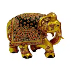 Wooden golden body color painted elephant showpiece with green red color painting design it.