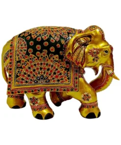 Wooden golden body color painted elephant showpiece with green red color painting design it.