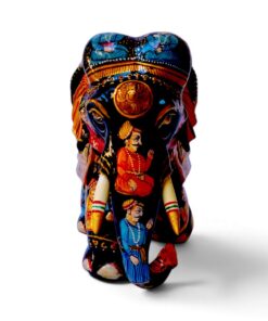 Hand painted wooden elephant figurines featuring colorful Indian folk art details.