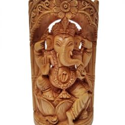 Intricately carved Lord Ganesha statue with multiple arms, floral motifs, and symbolic offerings.