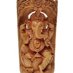 Intricately carved Lord Ganesha statue with multiple arms, floral motifs, and symbolic offerings.