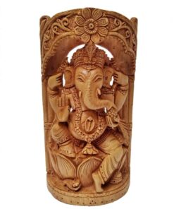 Intricately carved Lord Ganesha statue with multiple arms, floral motifs, and symbolic offerings.