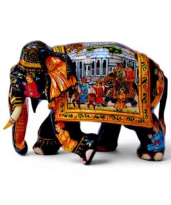 Hand painted wooden elephant figurines featuring ornate Indian royal procession artwork.