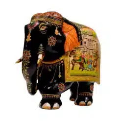wooden elephant statue black body color on trunk and legs and flower design decoration