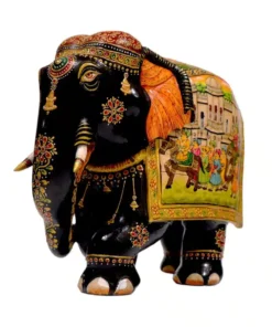 wooden elephant statue black body color on trunk and legs and flower design decoration