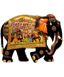 handmade wooden painted elephant statue with weeding miniature painting on left side of elephant