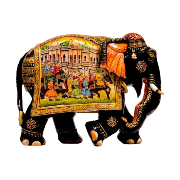 handmade wooden painted elephant statue with weeding miniature painting on left side of elephant