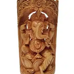 Intricately carved Lord Ganesha statue with multiple arms, floral motifs, and symbolic offerings.