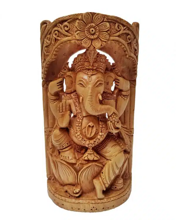 Intricately carved Lord Ganesha statue with multiple arms, floral motifs, and symbolic offerings.