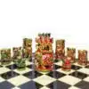 Colorful cultural artistic chess set with ornate pieces and traditional design.
