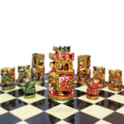 Colorful cultural artistic chess set with ornate pieces and traditional design.