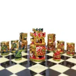 Colorful cultural artistic chess set with ornate pieces and traditional design.