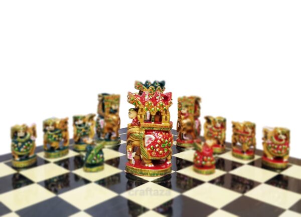 Colorful cultural artistic chess set with ornate pieces and traditional design.