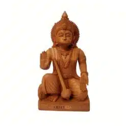 Handcrafted wooden Hanuman statue depicting blessing gesture and mace, symbolizing devotion, strength, and Indian heritage.