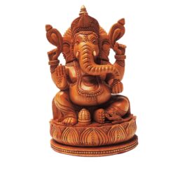 Wooden Ganesha statue with intricate carvings, jewelry, and symbolic for Hindu devotion.