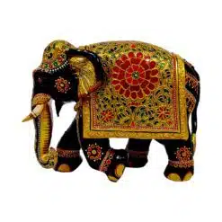 Colorful Indian Elephant Figurine with gold floral decorations and intricate craftsmanship.