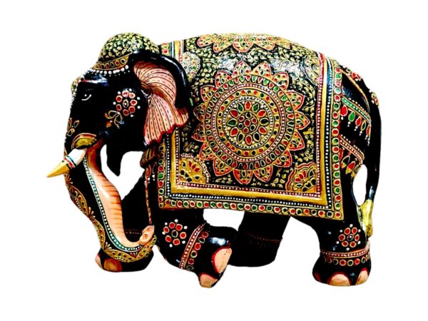 Colorful decorative elephant sculpture with intricate Indian patterns and cultural symbolism.