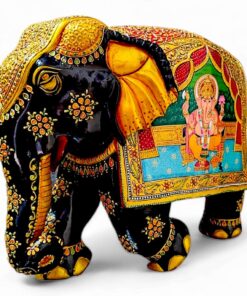 large wooden elephant painted with lord Ganesha figure right side of elephant body