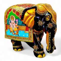 Wood elephant miniature lord Ganesh painting on left side elephant and black color painted on elephant lag and trunk