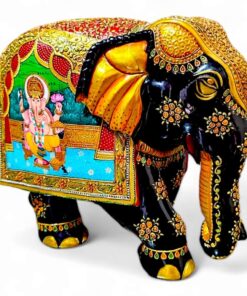 Wood elephant miniature lord Ganesh painting on left side elephant and black color painted on elephant lag and trunk