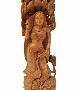 Intricately carved wooden sculpture of a regal mythological female figure with detailed jewelry and natural elements.