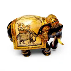 Carved wooden elephant figurine with colorful Indian royal procession painting.