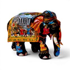 Hand painted wooden elephant figurine with colorful Indian folk art and ceremonial scenes.