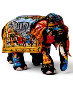 Hand painted wooden elephant figurine with colorful Indian folk art and ceremonial scenes.