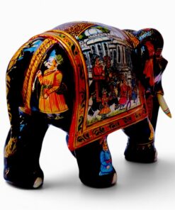 Hand painted wooden elephant figurine with Indian palace and floral designs.