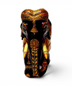 Carved wooden elephant figurine with ornate gold and red painted details.