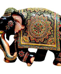 Colorful decorative elephant sculpture with intricate Indian patterns and cultural symbolism.