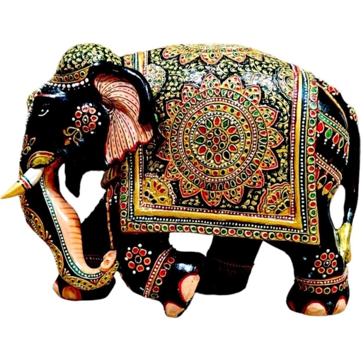 Colorful decorative elephant sculpture with intricate Indian patterns and cultural symbolism.