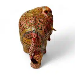 Wood elephant statue with pink color body painted and embossed work flower painting on all our elephant body