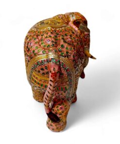 Wood elephant statue with pink color body painted and embossed work flower painting on all our elephant body