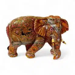 wood big elephant statue with pink color painted a small black color elephant on elephant body