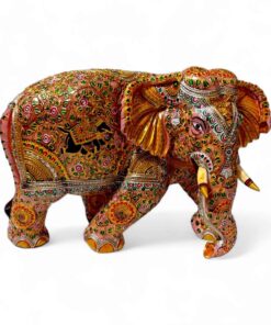 wood big elephant statue with pink color painted a small black color elephant on elephant body