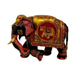 Wooden painted elephant trunk on right lag. A small elephant embossed on elephant body