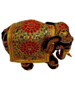 kadam wood hand painted elephant embossed flower design in golden and red color