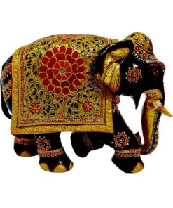 Red and green color theme flower painted elephant sculpture trunk down