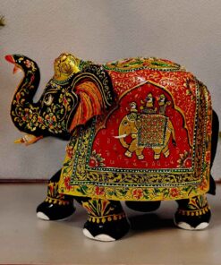 Decorative wooden elephant statue trunk up with hand painted