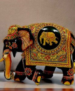 Wood hand painted elephant statue with decorative painted and a baba elephant on it