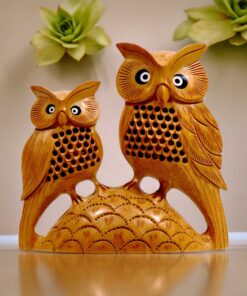 Wood owl statue with baby owl hand carved in kadam wood