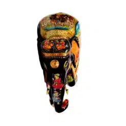 wooden elephant trunk down with men figure painted on elephant and head