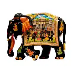 Wood painted elephant sculpture with royal king safari miniature painting on right side of elephant