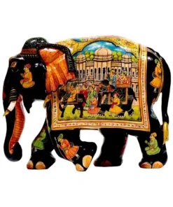 Wood painted elephant sculpture with royal king safari miniature painting on right side of elephant