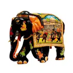 wooden elephant sculpture with black color painted on trunk and legs and miniature painting on elephant