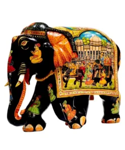 wooden elephant sculpture with black color painted on trunk and legs and miniature painting on elephant