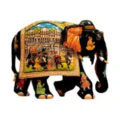Vintage Rajasthani weeding miniature painting on left side of wood elephant