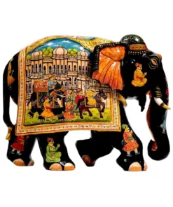 Vintage Rajasthani weeding miniature painting on left side of wood elephant