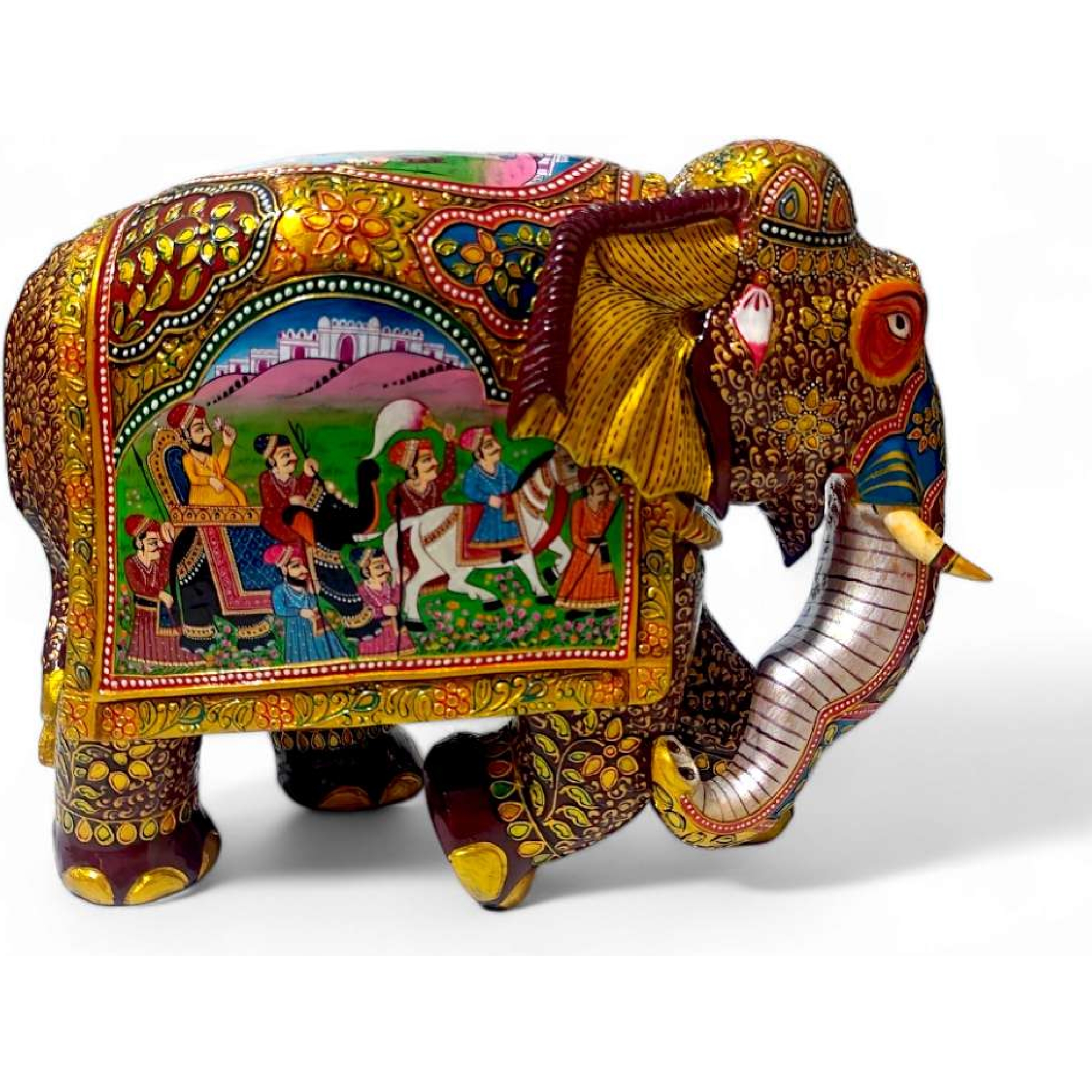 Wood embossed painted elephant statue with miniature painting art work